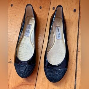 Jimmy Choo Black Patent Leather Flats Snake Cap Toe Size 37.5 / 7.5